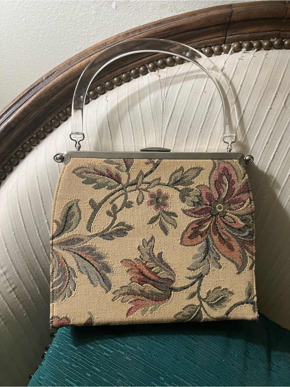 Vintage Black Floral Tapestry Lucite Top-Handle Bag Muted Floral Cover 2 in 1